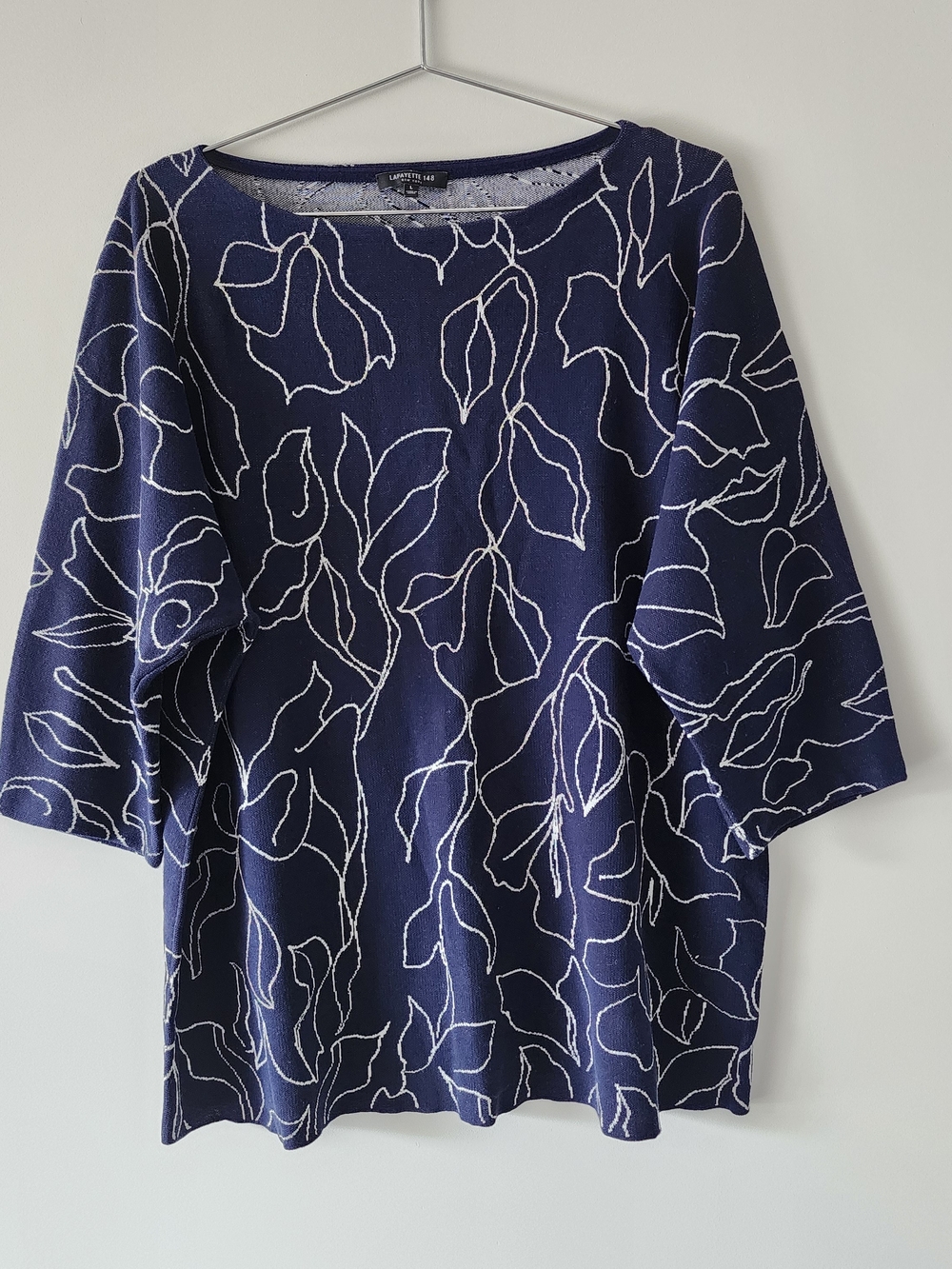 Lafayette 148 Sweater Women Large Blue Knit Floral 3/4 Sleeve Quiet Luxury